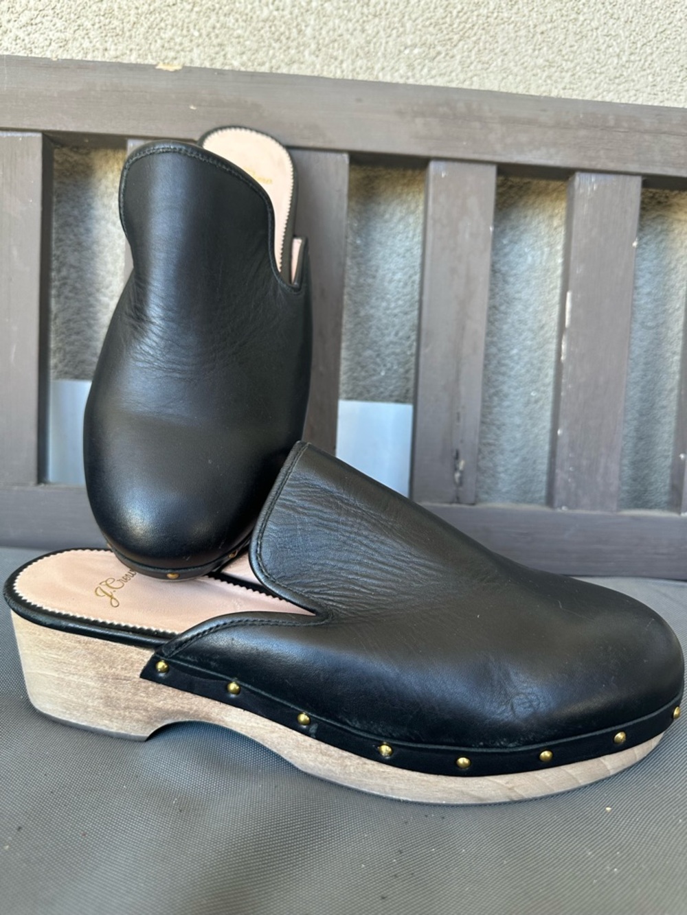 J. Crew Black Leather Slip-On Clogs with Pale Pink Insole